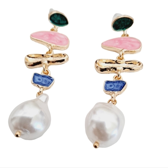 Gold Faux pearl earrings statement pink blue boho drop dainty party 💖2/$30 - Picture 4 of 10